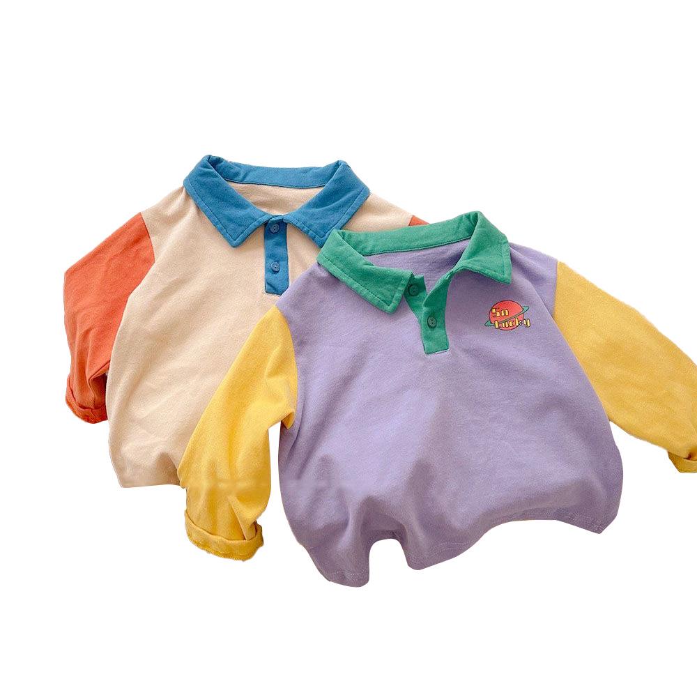 Children's Polo Shirt - Korean Style, Contrasting Colors, Cotton, Long-Sleeve, Lightweight, for Spring and Autumn.