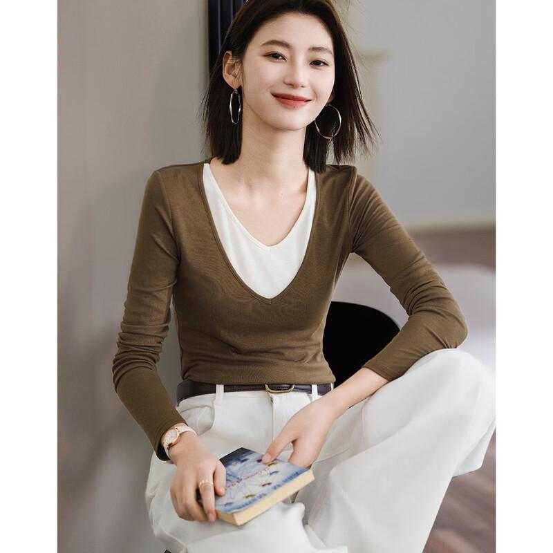 Demana Women s Color-Block Faux Two-Piece V-Neck T-Shirt M