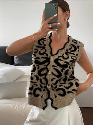 Women's V-Neck Single-Breasted Knitted Vest - Loose, Versatile, Sleeveless Sweater for Autumn/Winter