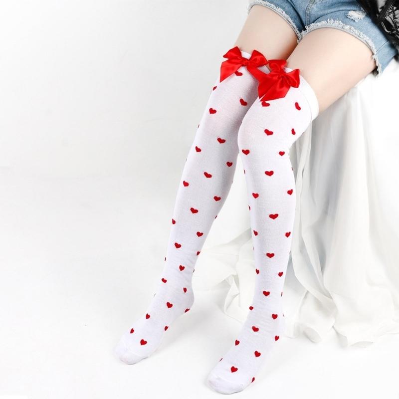 Valentines Day Over Knee Long Socks Cute Bowknots Lip Heart Pattern Thigh High Stockings for Women Parties Casual Wear
