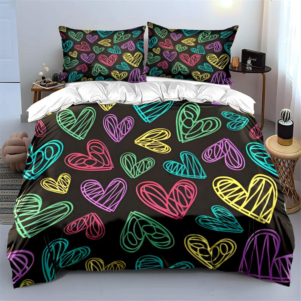 Colorful Hearts Pattern Set – Romantic Gift  Kid'S And Adults' Bedroom Decor, Exquisite Three-Piece Bedding Set Gift