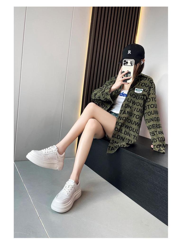 Women's Trendy White Genuine Leather Platform Sneakers - 2025 Spring/Autumn - Height-Enhancing, Thick-Soled, Lace-Up, Street-Style