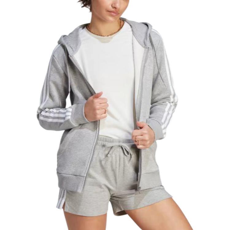 adidas Sudadera con Capucha Estampada de Tres Rayas y Logo de Letra para Mujer Gris Medio IM0236