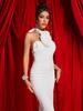 White Ribbon Floral Halter Long Red Evening Dress - European & American Style