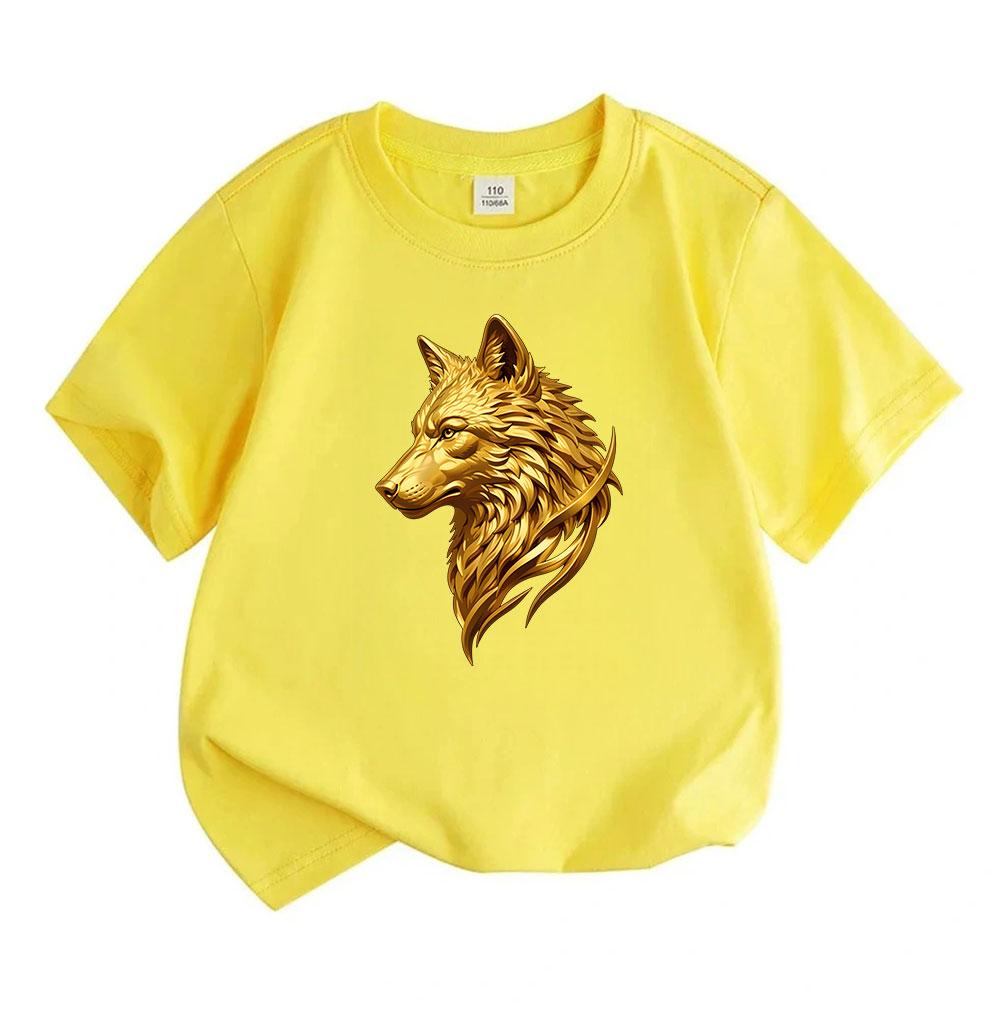 Kids Boys Girls Crew Neck Short Sleeve 100% Cotton T-Shirt, Stylish 3D Golden Wolf Head Print Casual Comfortable Tees, Soft Breathable Tops for Daily