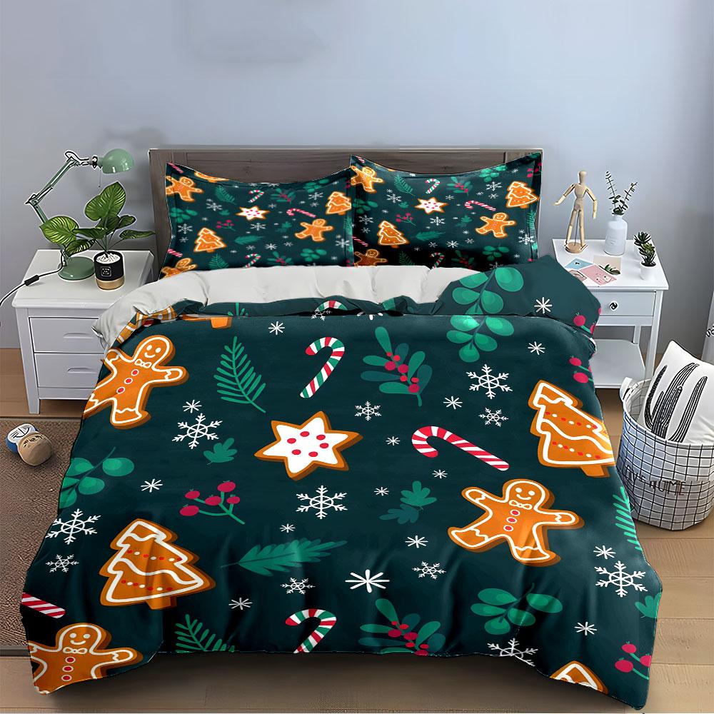 Christmas Gingerbread Print Set Bedding Duvet Cover Set Duvet Cover Pillowcases (1 * Duvet Cover 2 * Pillowcases, Without Duvet Insert)
