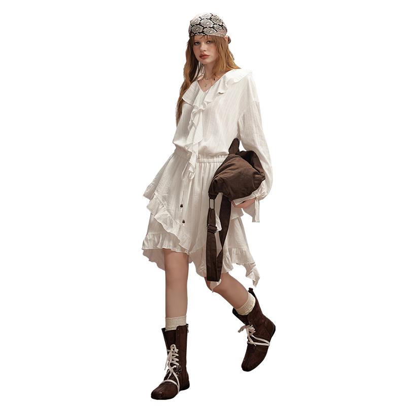 

UNIFREE Women s Retro Textured Ruffle V-Neck A-Line Dress S