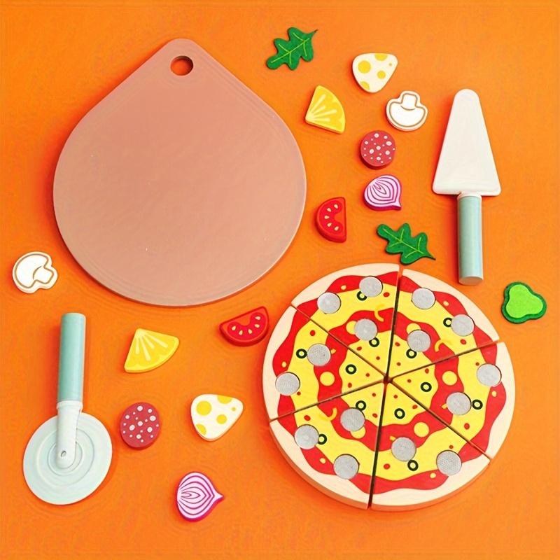 Wooden Pizza Playset with Mixed Color Slices and Kitchen Tools