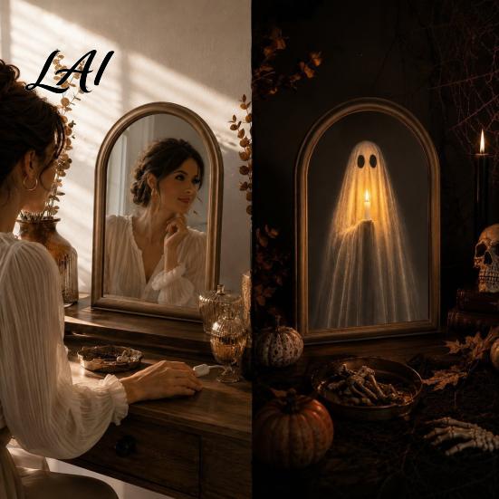 Haunted Mansion Decor Halloween Light Up Ghost Mirror Holding Candle on Spooky House Mirror Decorations Indoor for Wall Table Mantel Room Home Office