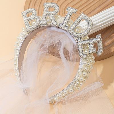 Bridal Faux Pearl And Rhinestone Headband With Tulle Veil, "BRIDE" Lettering, Elegant Wedding Hair Accessory For Bachelorette
