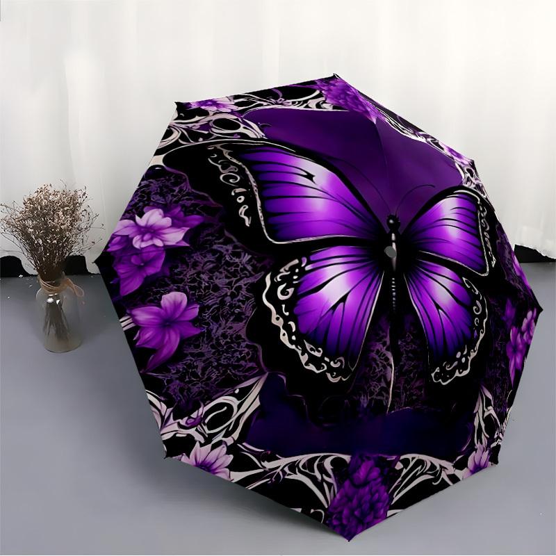 1pc Butterfly Flowers Automatic Open/Close Umbrella with Folding Feature Compact Travel Umbrella, Lightweight Design, for Commuting, Business049