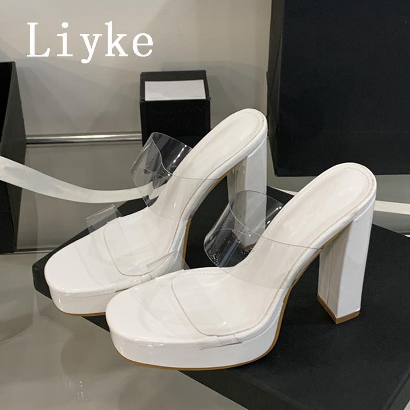 

Fashion Liyke Sexy Thick Bottom Square Toe 12CM High Heels Platform Slippers Women Summer Party Prom Shoes PVC Transparent Sandal Female 35 белый