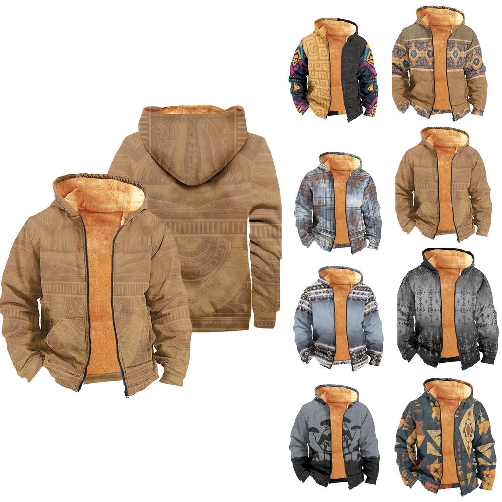 Men's Print Long Sleeve Pocket Coat Fashion Plus Velvet Overcoat