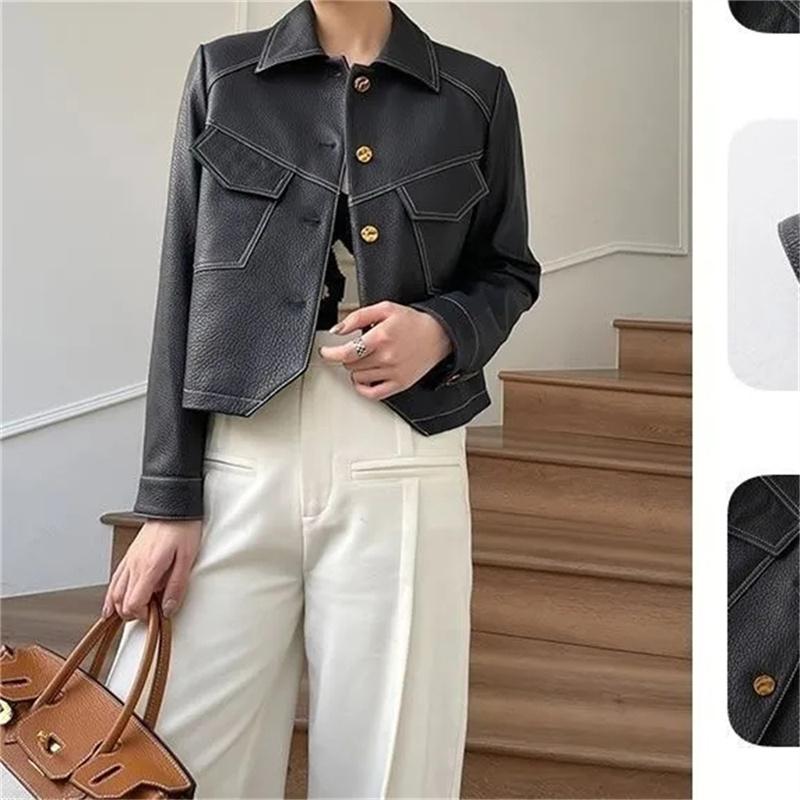 

High-End Brown Women Bike Coat PU Leather Outwear Button Outfit Spring Autumn Women Fashion Short Thin Female Jacket 4XL чёрный