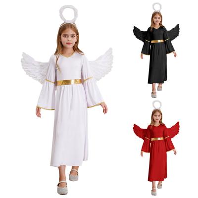 Kids Girls Angel Costume Bell Sleeve Maxi Ball Gowns Angel Dress with Wings Headband Set