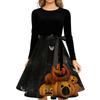 Women's Casual Halloween Print Vintage Round Neck Long Sleeve Dress Retro Fit and Flare Style with Waist Tie and Unique Pumpkin Pattern
