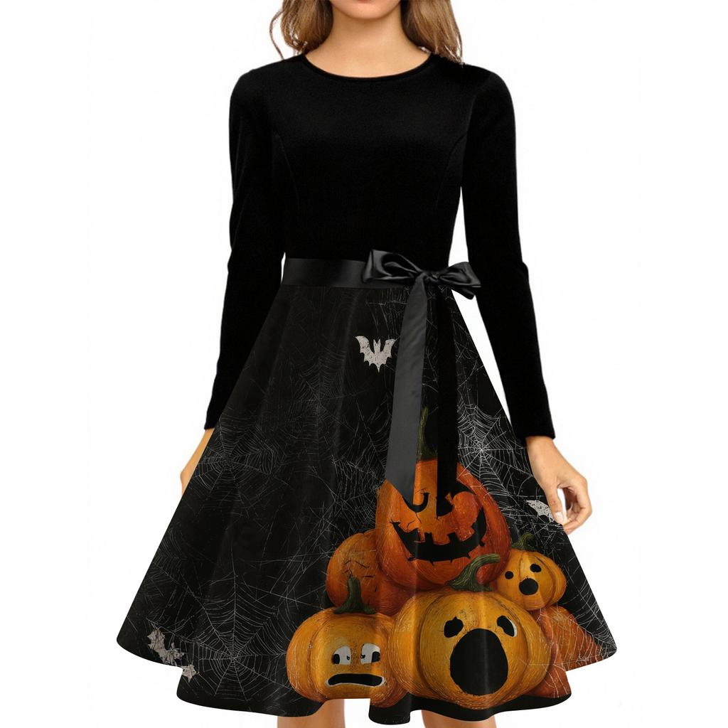 Women's Casual Halloween Print Vintage Round Neck Long Sleeve Dress Retro Fit and Flare Style with Waist Tie and Unique Pumpkin Pattern