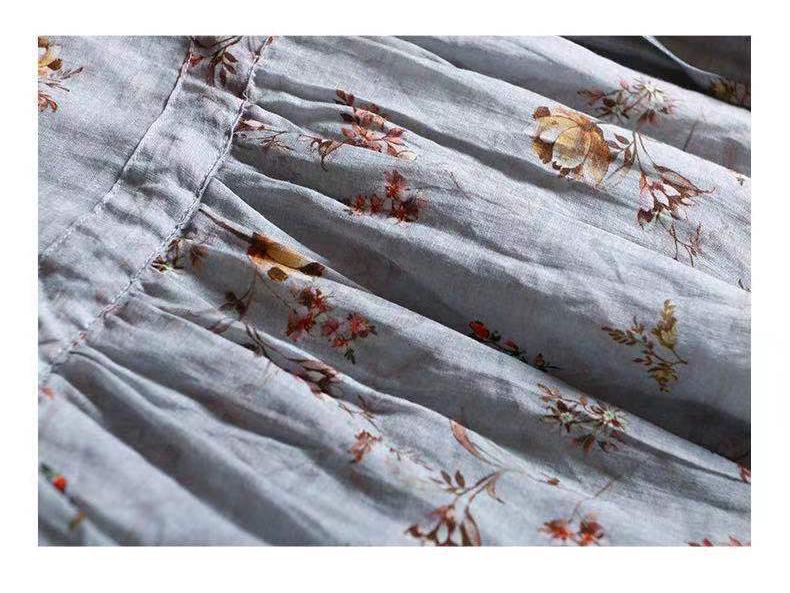 2026 Summer Cotton Linen V-Neck Waist-Cinching Printed Dress - Fashionable Casual Short-Sleeve Skirt for Women