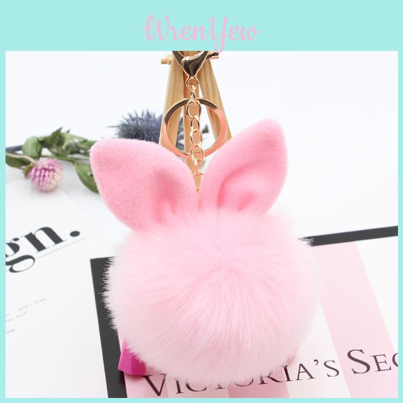 Elegant Pompon Fluffy Women Rabbit Ear Fur Ball Key Chain Rings Bag Keychain Pendant