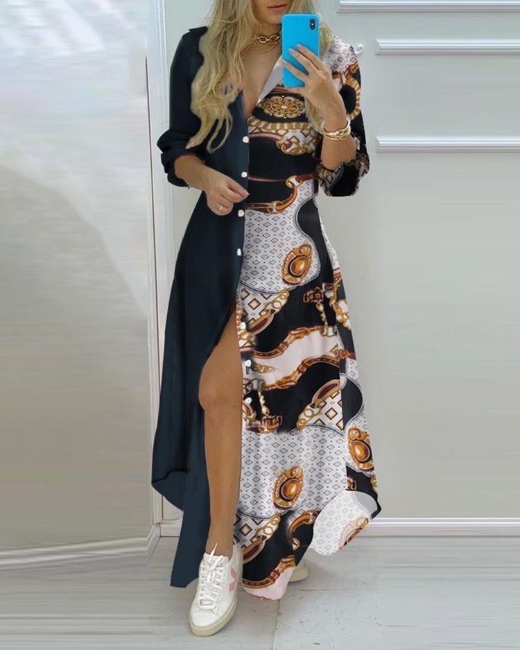 Rochie midi tip cămașă sexy pentru femei, cu mâneci lungi, imprimeu și nasturi simpli