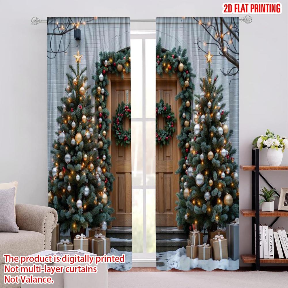 

Flat Printing Merry Christmas Popular Curtain White Wall Snowflakes Tree Wreath Set Of 2 Made Polyester Washable W100*H70(CM)-Rod Pocket&2PCS