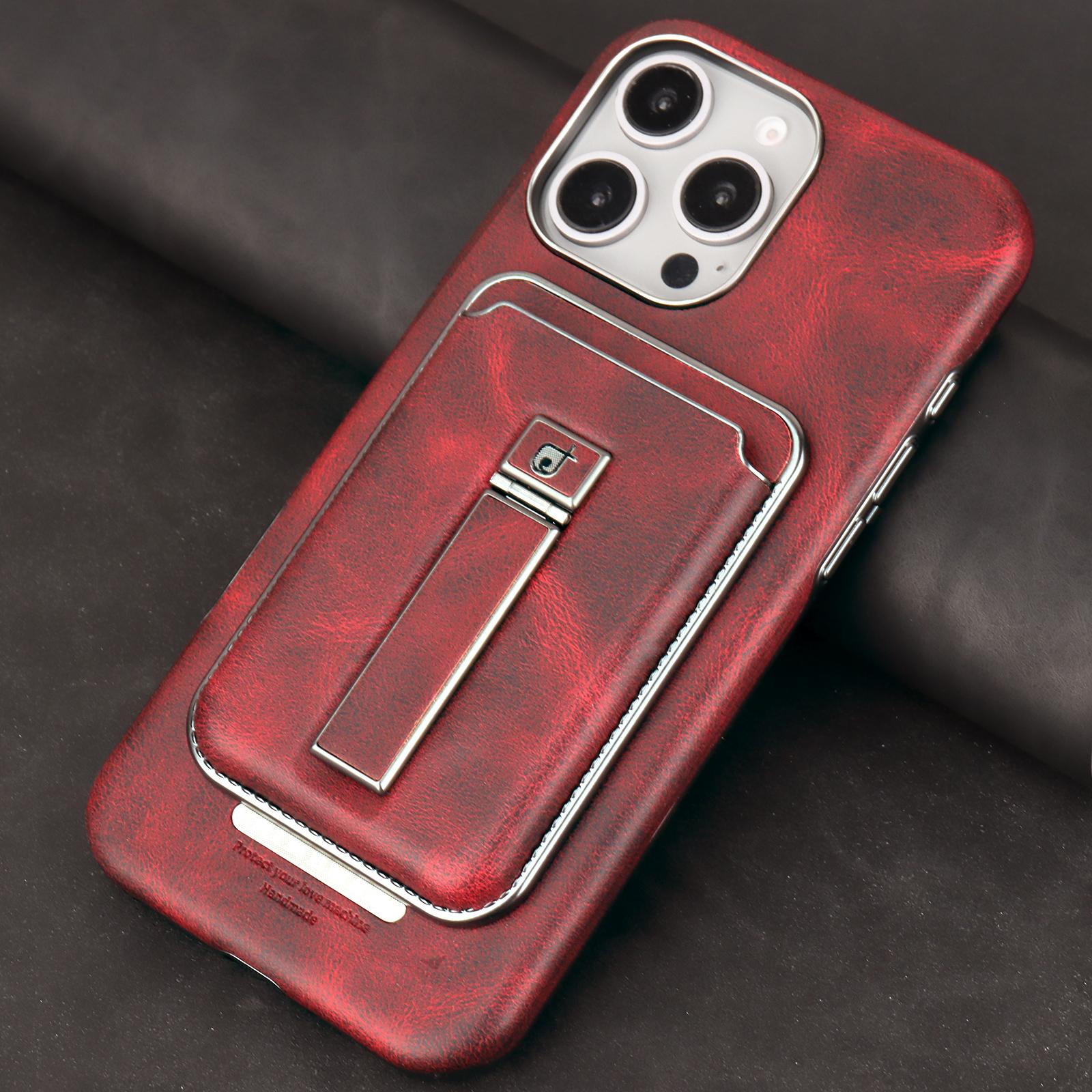 

2 в 1 съемный магнитный держатель для карт, роскошный кожаный чехол с металлической подставкой, защитная откидная задняя крышка для iPhone 16 15 14 13 12 Pro Max 16Pro 15Pro iPhone 16 Pro Max красный