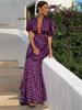 Summer Purple Printed Deep V-neck Women Dress Pleated Puff Sleeve A-line Party Evening Lady Robe