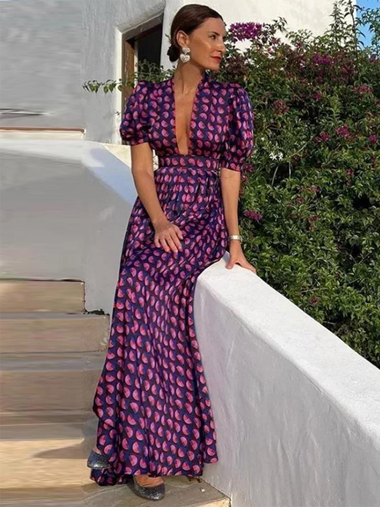Summer Purple Printed Deep V-neck Women Dress Pleated Puff Sleeve A-line Party Evening Lady Robe