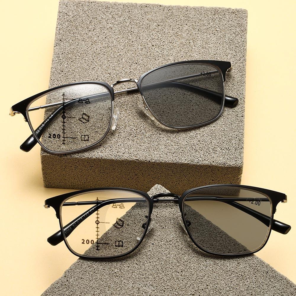 Unisex Metal Square Photochromic Multifocal  Reading Glasses Women Men Luxury Anti Blue Light Hyperopia Eyewear with Diopter