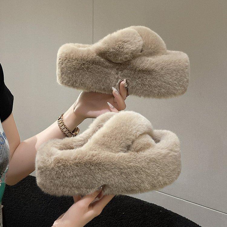 7CM large size thick-soled fluffy slippers for women's outer wear 2025 autumn new models to increase the height of a boy high-heeled outer wear cotto