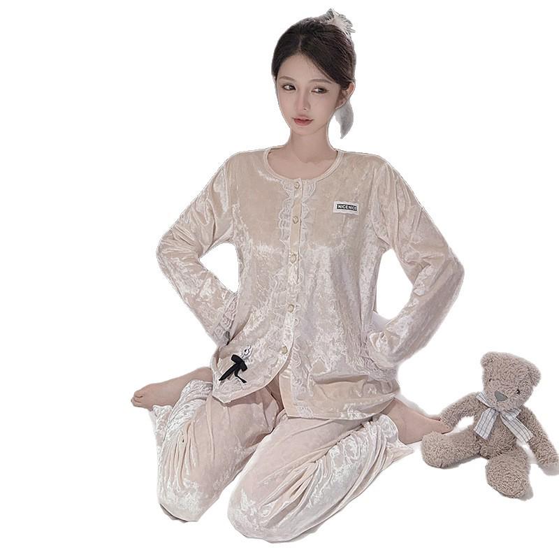 Luxurious Women's Long-Sleeve Gold Velvet Pajama Set