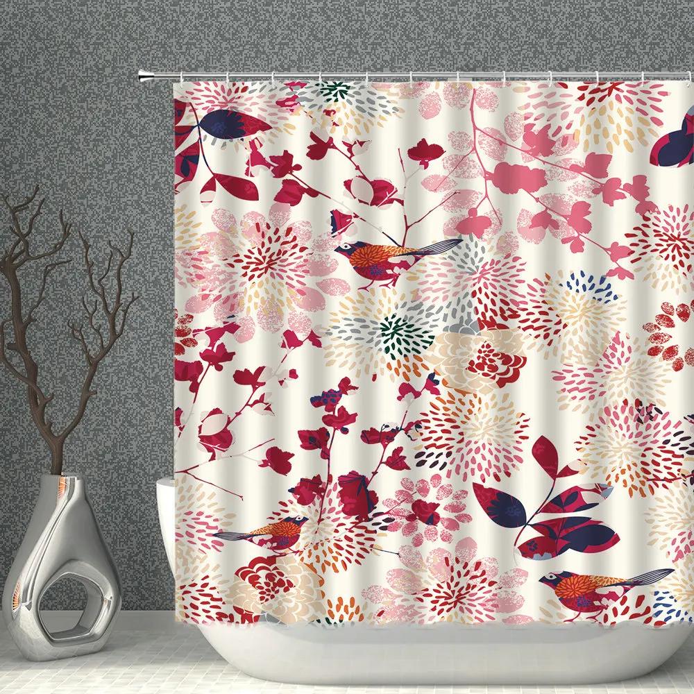 Chinese Flower And Bird Shower Curtain Green Plant Waterproof Cloth Polyester Bathroom  Curtains Home Suit With Hook