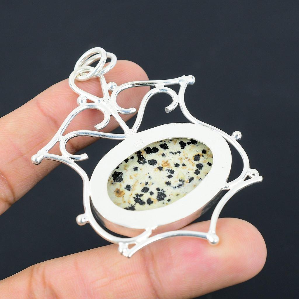 Womens day Sale Oval Natural Dalmatian Jasper 925 Sterling Silver Ethnic Pendant