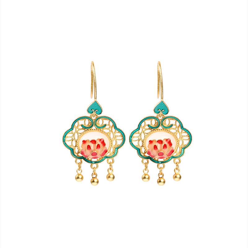 2022 Stylish Autumn/Winter Chinese Cold Enamel Peace Lock Tassel Earrings with Imitation Jade
