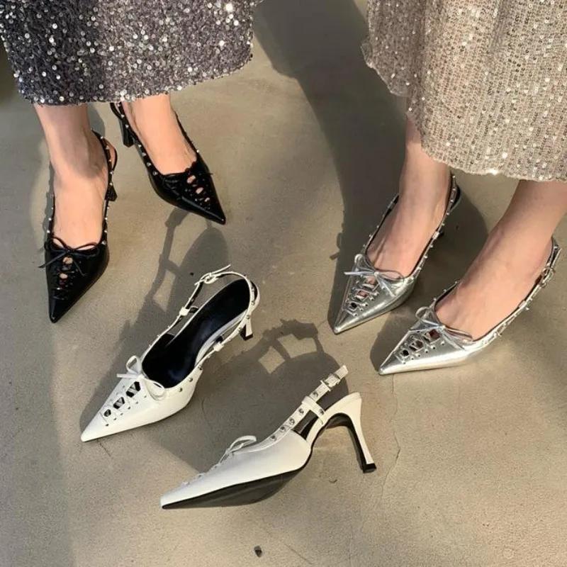 Fashion Design Rivets Back Buckle Strap Women Pumps Hollow Out Lace Up Pointed Toe Low Thin Heels Mules Sandalias De Mujer Shoes