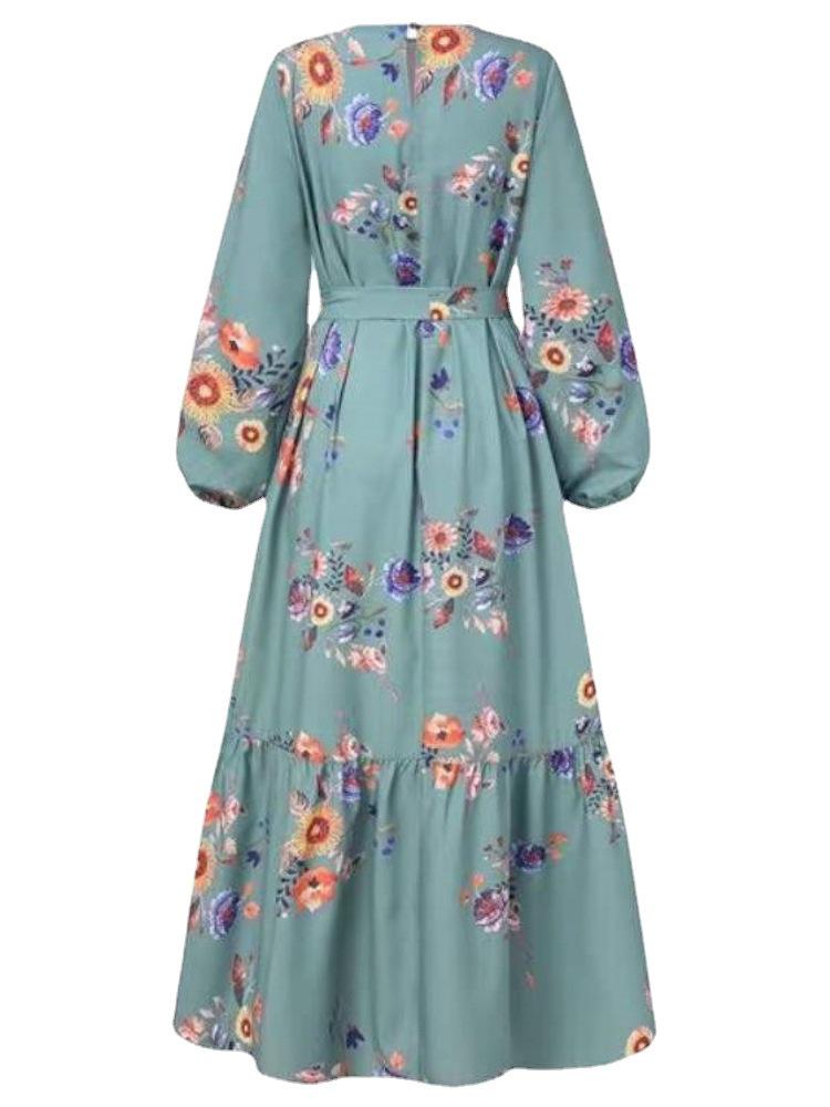 2022 Moroccan Print Long Sleeve Turkish Muslim Women's Party Dress