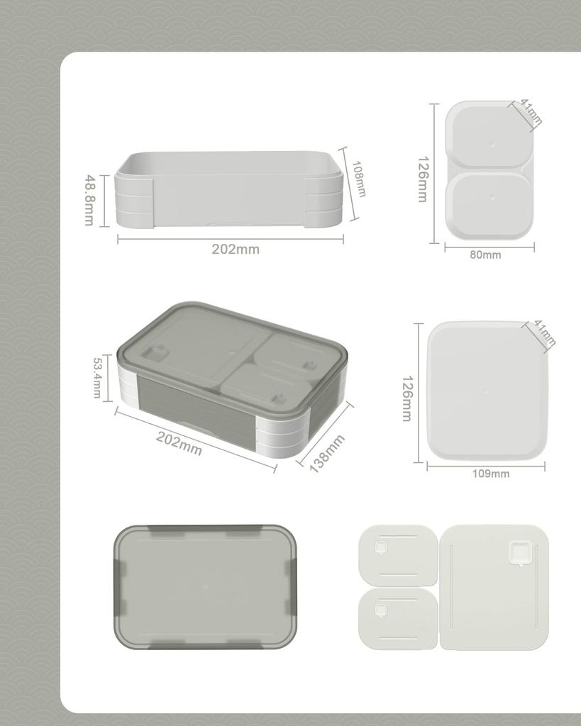 Large Capacity 1100ml Lunch Box with 3 Suitable for Men and Women Compartments, Leak-Proof, Microwave-Safe, Gray,