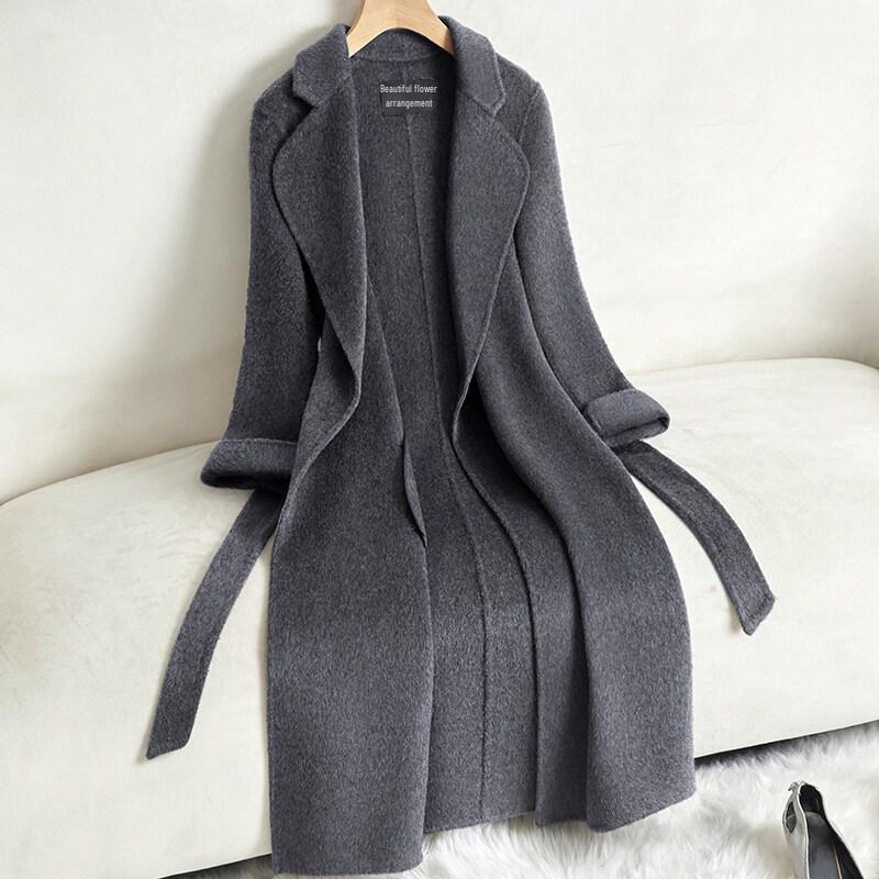 

Women s Gray Double-Sided Cashmere Coat - Long, Slimming, Waist-Cinched, Elegant Woolen for Autumn/Winter S - Recommended for weight under 106 pounds