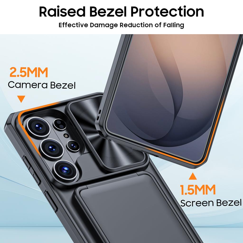 With Card Holder Sliding Camera Cover And Stand For Samsung Galaxy S26 Ultra Phone Case, Anti-Fall PC+TPU Wallet Case-Black