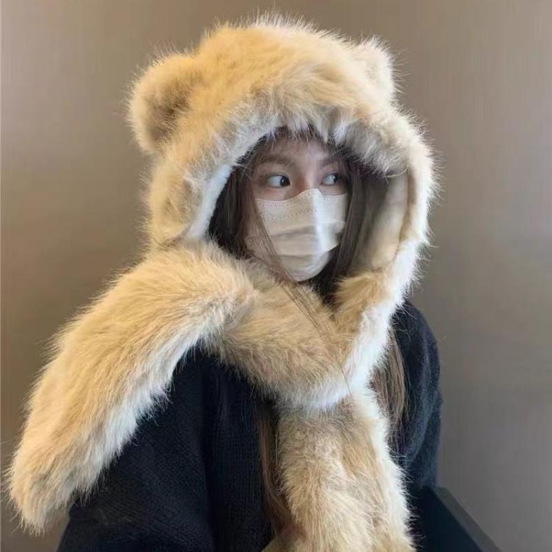 Women's Autumn Winter Bear Ear Hat Scarf Glove Integrated Cold Resistant Warm Plush Hat Neck Warmer Gloves