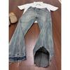Washed and Made Old Lightning Pattern Jeans Men's American High Street Rough Edge Design Straight Tube Slightly Elastic and Thin Pants