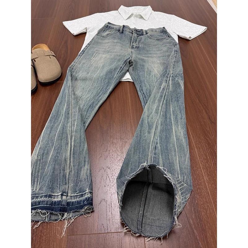 Washed and Made Old Lightning Pattern Jeans Men's American High Street Rough Edge Design Straight Tube Slightly Elastic and Thin Pants