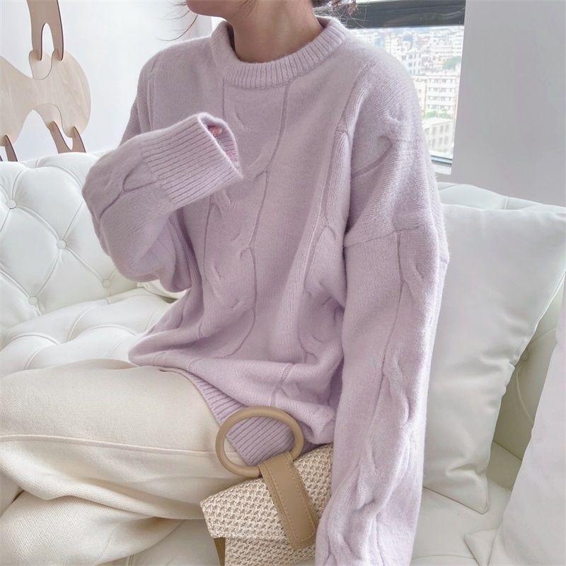 Crew neck sweater women's autumn and winter lazy style loose design soft waxy knitted sweater top effect