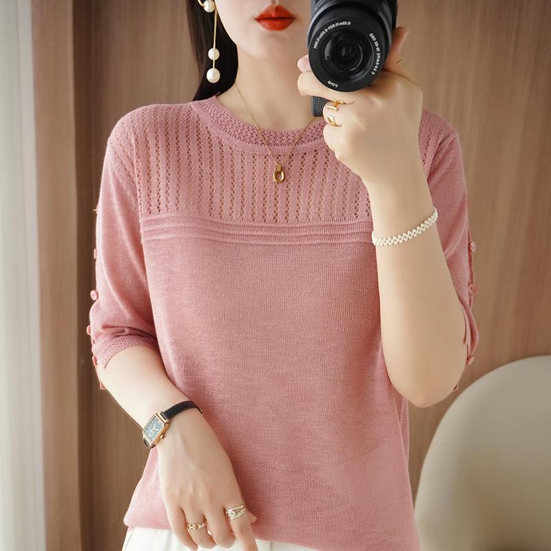 

Bamboo Joint Round Neck Knitted Short Sleeves for Women In Summer New Hollow Fashion Versatile Three-point Cuff Buckle Base Shirt Top M
