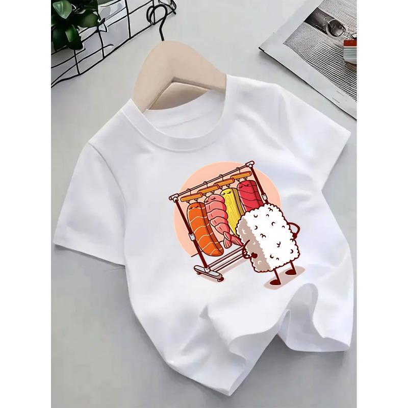 Европейские размеры Милая летняя футболка с коротким рукавом для детей с рисунком стойки для суши в мультяшном стиле, Стильная и новая. 98cm