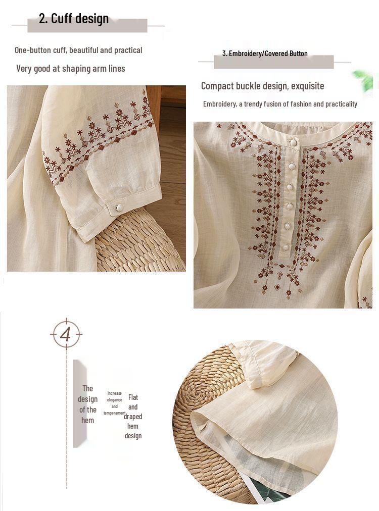 Women's Retro Cotton Five-Sleeve Ethnic Style Round Neck Top - Loose, Slimming Shirt for Spring/Summer