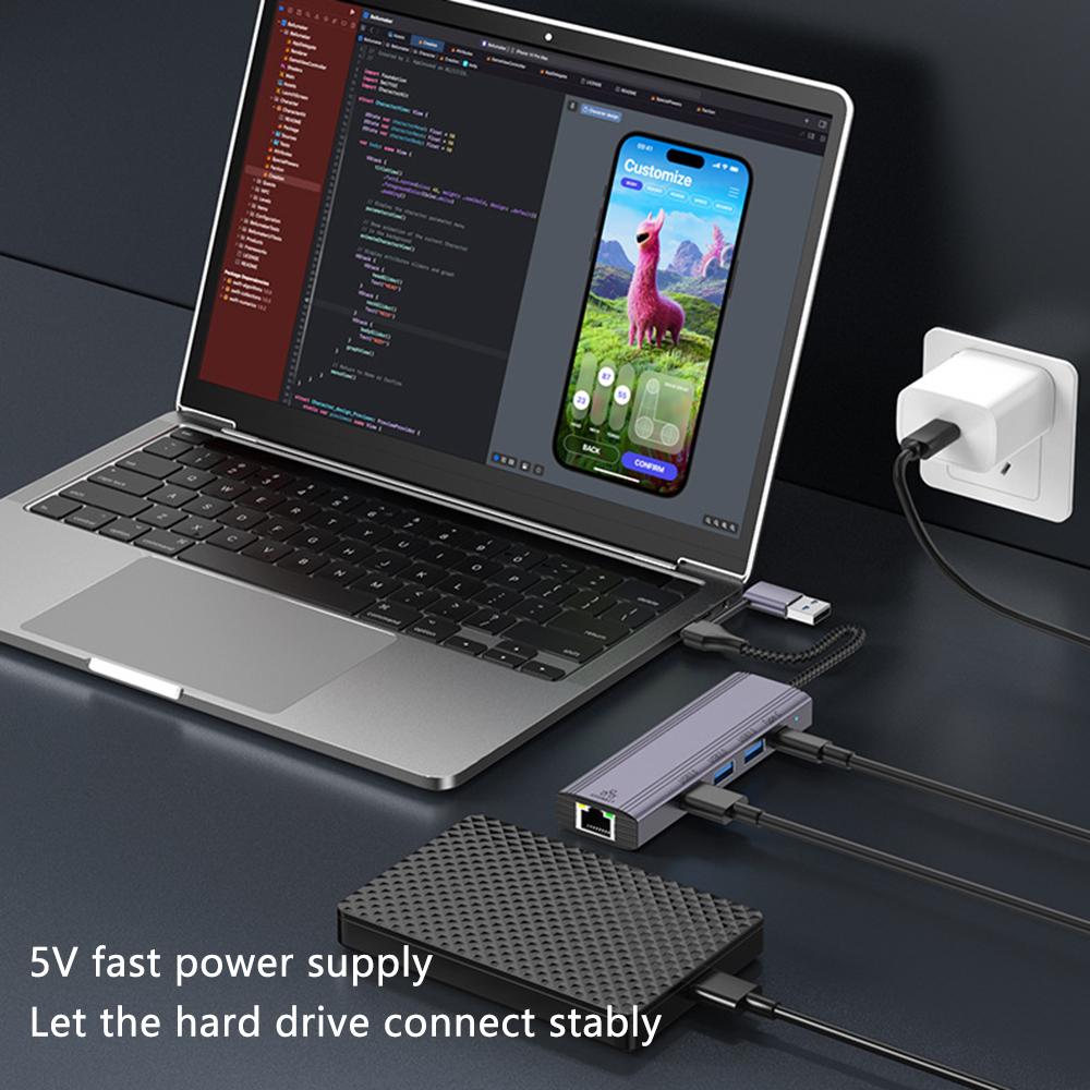 T513 Docking Station USB/Type-C To USB3.0x3+USB-C+Gigabit Laptop Adapter