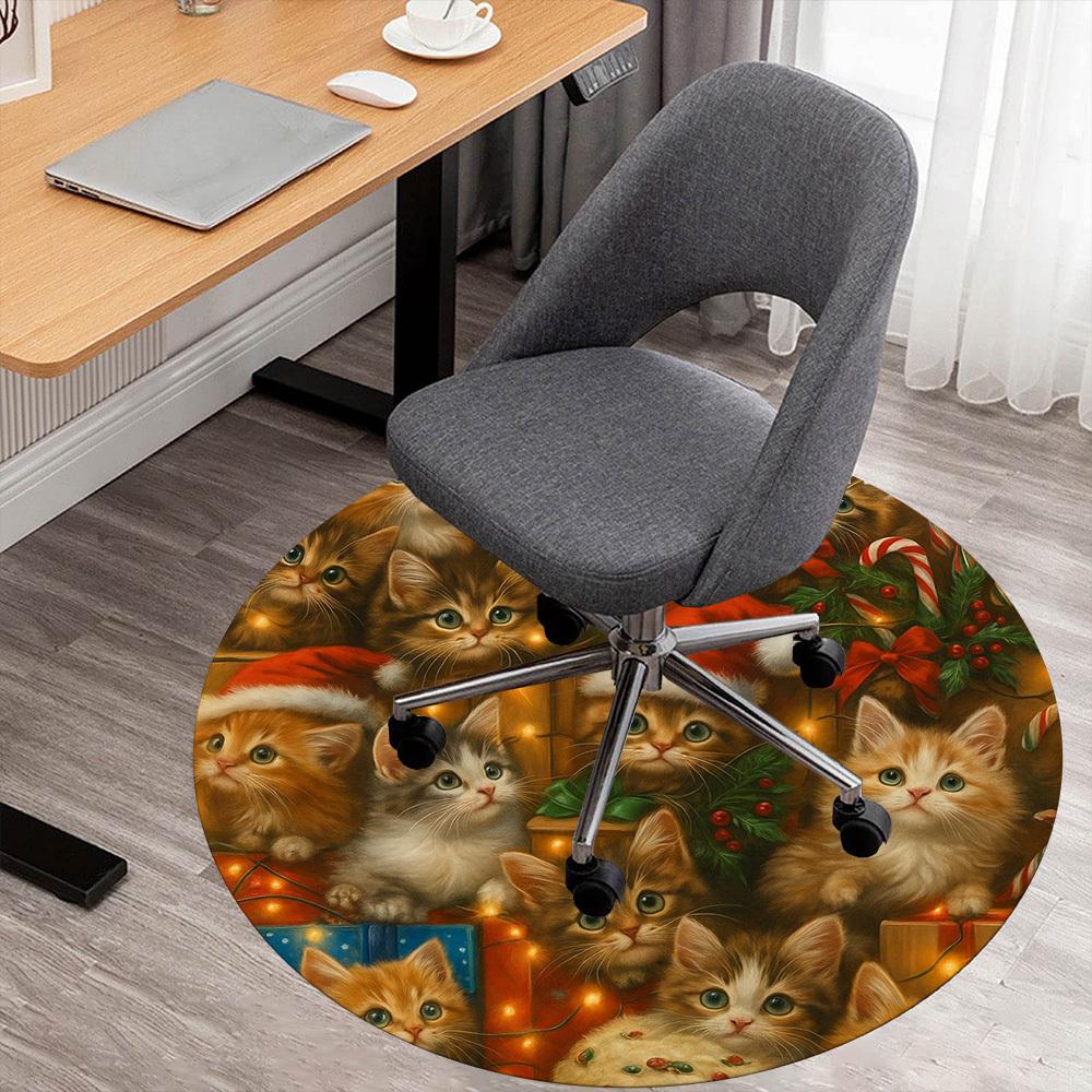 1pc Christmas Kittens Round Chair Mat Area Rug - Non-Slip, Floor Mat for Office, Bedroom, Home Decor Christmas Gift P0811379