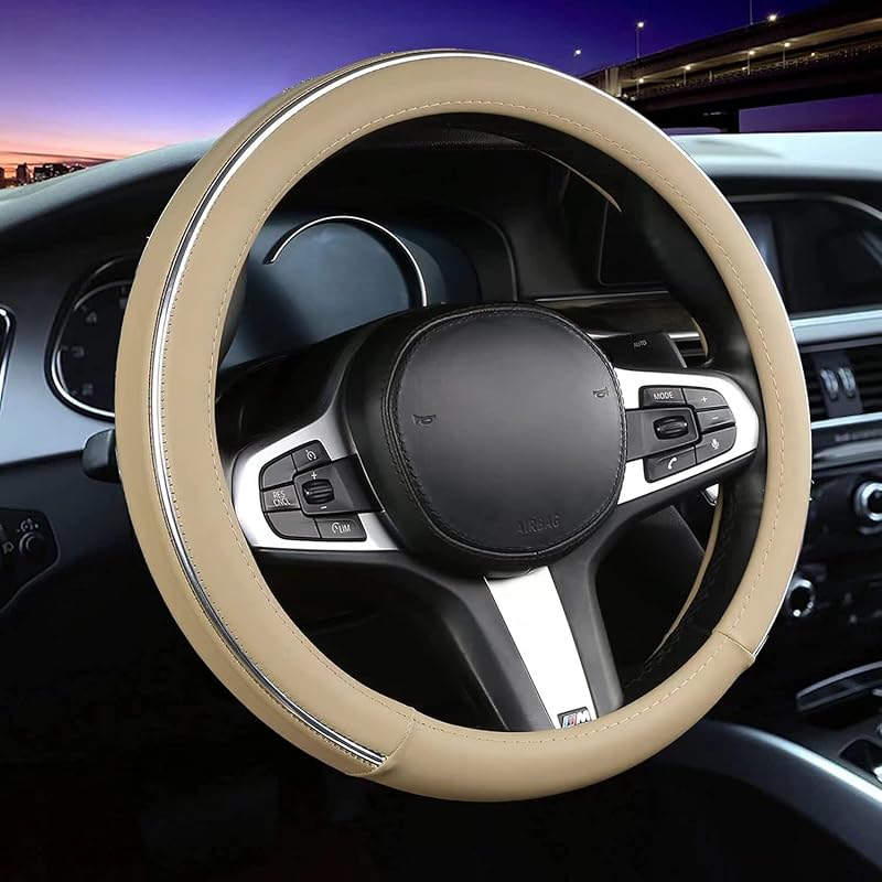 Car Steering Wheel Cover, Microfiber Leather Wheel Cover, Bright Strip Cute Steering Wheel Cover Universal 14.5-15 Inch Car Accessory, Breathable,