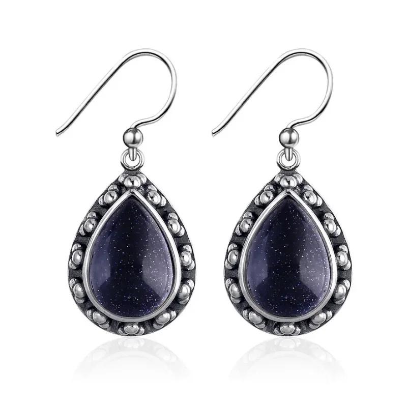 S Srebrny Kolczyk Kropla Vintage Kolczyki z Niebieskim Piaskowcem dla Kobiet Kamień Księżycowy Prezent na Imprezę Zaręczyny Rocznicę